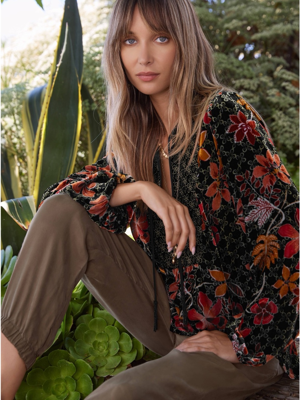 Johnny Was JASMOON FLORE VELVET CURVED HEM BLOUSE XL